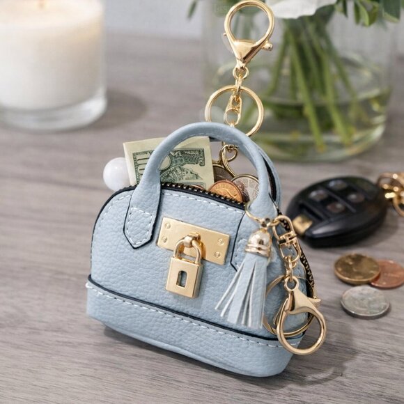 Baby Blue Mini Coin Purse Keychain Bag Lipstick AirPods Holder - Picture 3 of 7